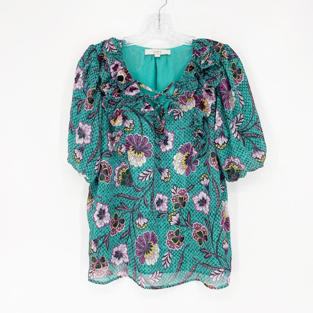 Loft Puff Sleeve Floral Top Size Medium